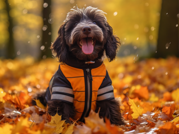 dog in jacket for autumn safety dog in jacket for autumn safety