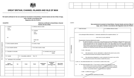 An image of a typical animal health certificate An animal health certificate. A document like this issued by your vet may be necessary for taking your pet with you abroad.