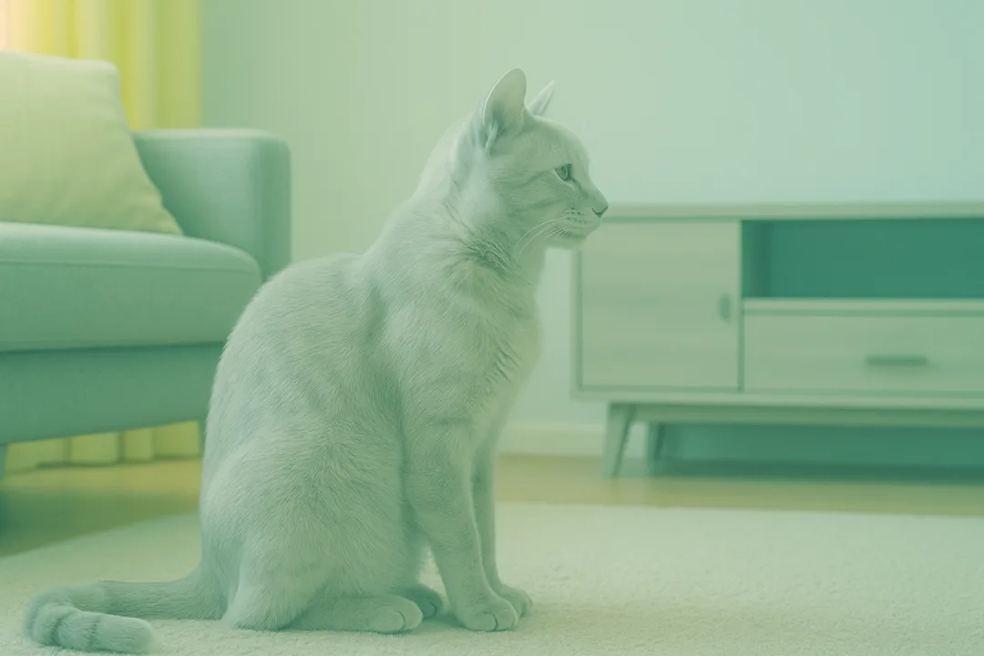 What colours can cats see Image of a cat in an indoor setting, depicted through a cat's vision.