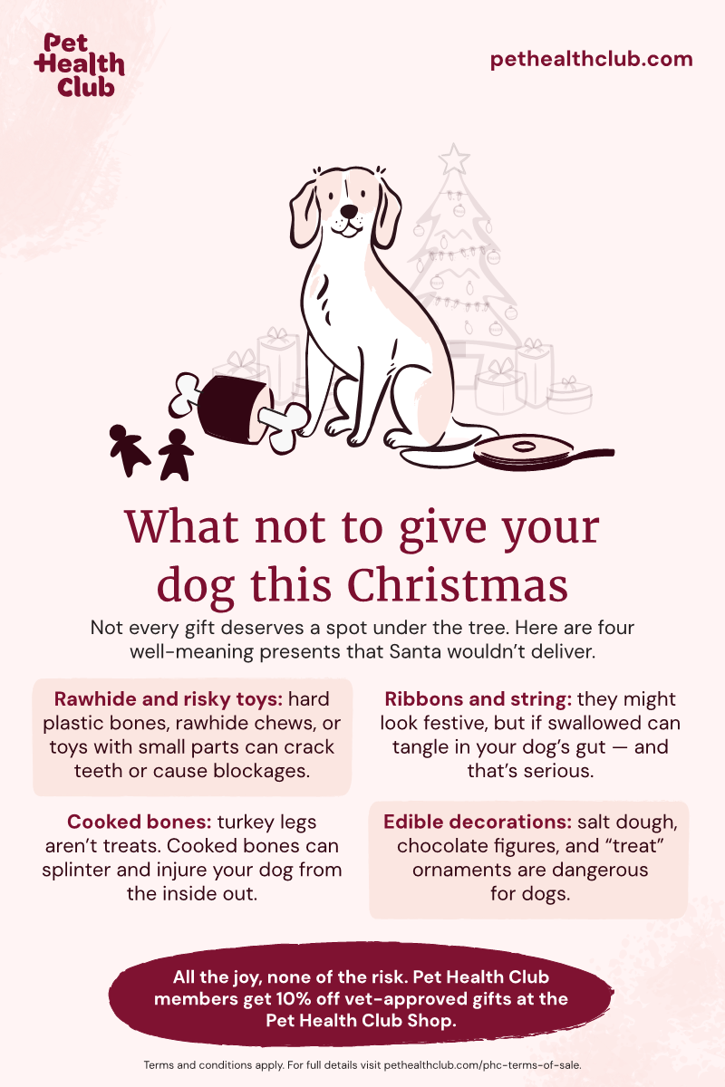 Pet Health Club infographic - gifts to NOT give your dog Pet Health Club infographic on what to NOT give your dog as a Christmas gift