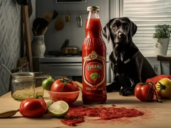 dog wit tomato ketchup bottle for article on why dogs roll in fox poop dog with tomato ketchup bottle for article on why dogs roll in fox poop