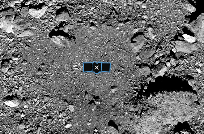 NASA's OSIRIS-REx probe slammed into asteroid Bennu in October, grabbing a sample of the rocky surface. The outline indicates the relative size of the probe. (Credit: NASA-GSFC/University of Arizona)