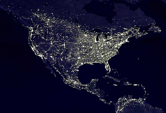 Image of the U.S. at night, with cities lit - NASA