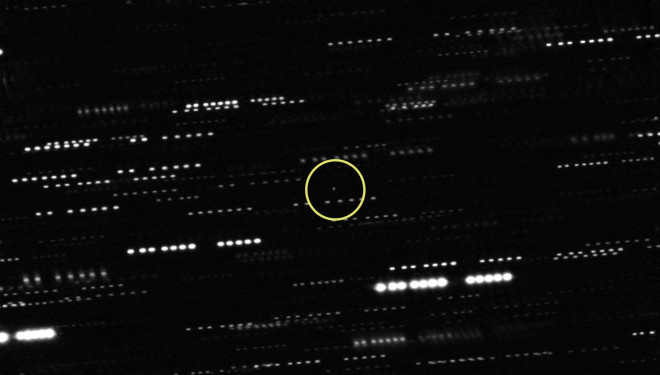 The best available image of 'Oumuamua shows just an enigmatic dot of light, circled in yellow; the dashed lines are stars that got smeared out as the telescope tracked the interstellar object. (Credit: ESO/K. Meech et al.)
