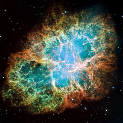 The Crab Nebula as imaged by the Hubble Space Telescopes' WFPC2 camera. Assembled from 24 individual exposures