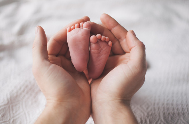 Woman's Hands and Newborn Baby Feet - Shutterstock