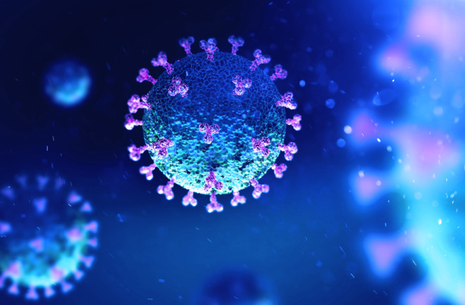 Coronavirus on a dark blue background with purple effect 