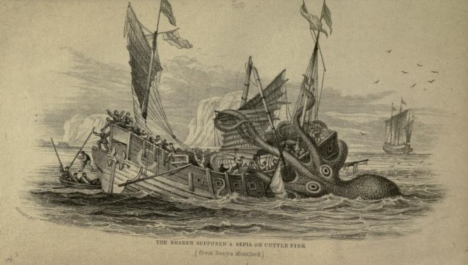 Drawing of Kraken sea monster attacking a ship