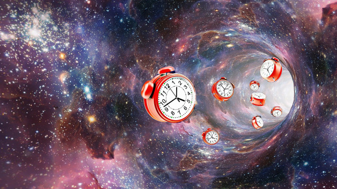 multiple-red-alarm-clocks-drifiting-in-a-spiral-of-cosmic-matter