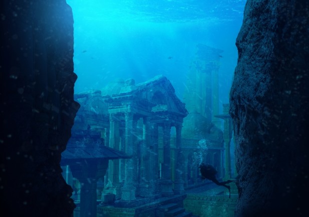 A scuba diver discovers the lost city of Atlantis conceptual theme