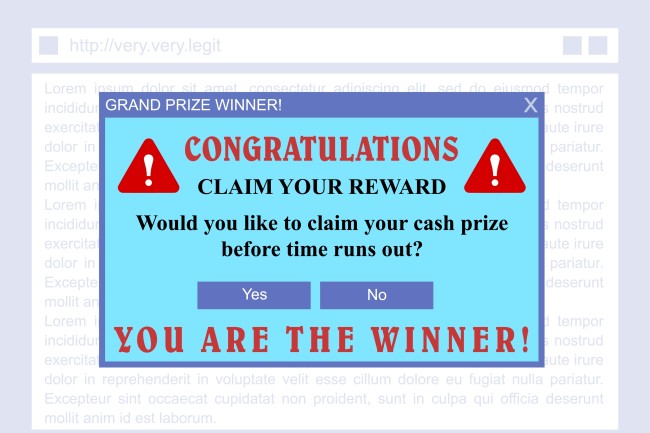 Online scam. Phishing attempt - fake cash prize winner popup banner.
