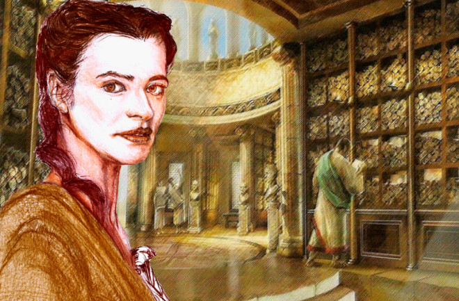 Illustration from a series of great mathematicians and philosophers. Hypatia of Alexandria is a late Hellenistic neo-Platonic philosopher, mathematician, astronomer and mechanic.