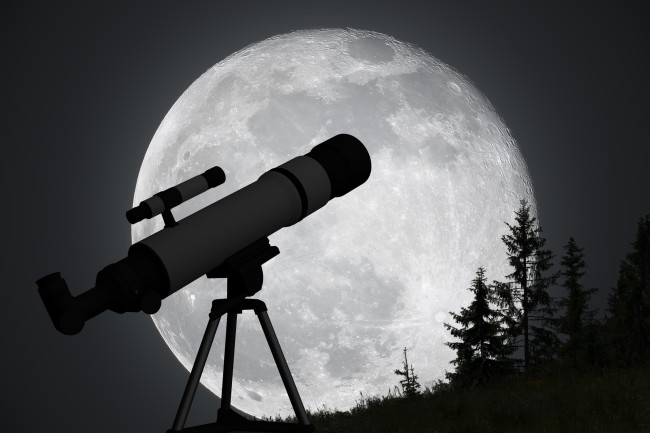 Silhouette of telescope and big moon in background.