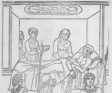 Plague patient. A physician (center front) is taking the pulse of a patient while he breaths through sponge soaked in herbs to protect against evil emanations from the victim. 