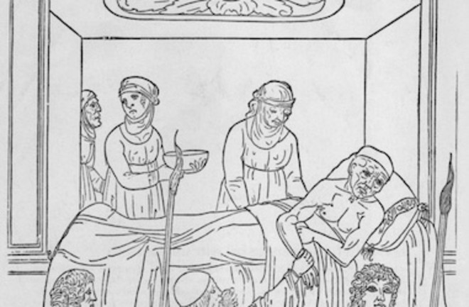 Plague patient. A physician (center front) is taking the pulse of a patient while he breaths through sponge soaked in herbs to protect against evil emanations from the victim. 