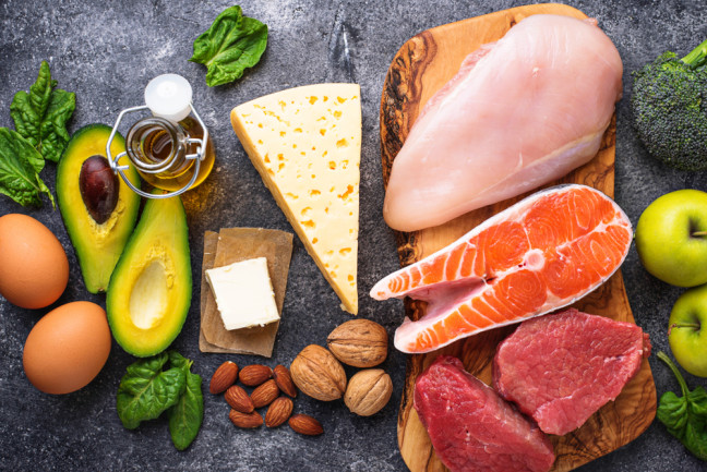 Assortment of low-carb foods including meats like chicken and salmon, cheese, eggs, nuts, avocado, and leafy greens