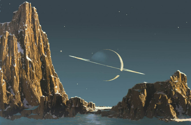 Saturn, as seen from its moon Titan, which we now know is covered in an atmosphere so thick you can't see through it. (Chesley Bonestell)