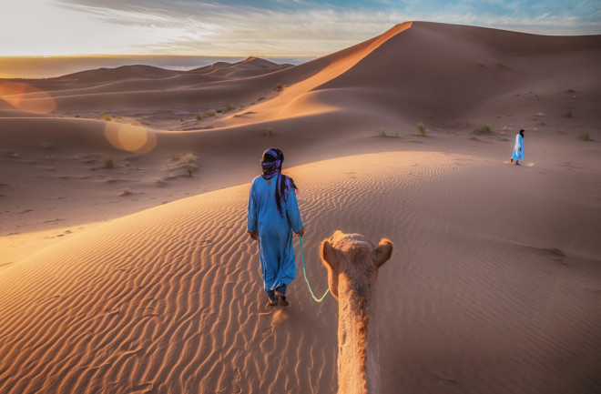  Two Tuareg nomads leading a camel in the Sahara Desert, Morocco.