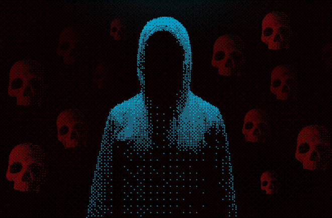 Hoodie Hacker Crime Banner. 8 bit Pixel Art Style Player is Dead Game Screen. Dark Faceless Reaper Hacker in the Hood.