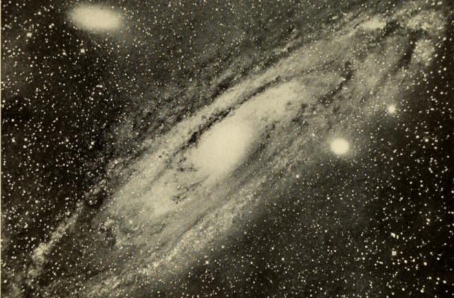 Andromeda nebula, photographed at the Yerkes Observatory circa 1900. To modern eyes, this is clearly a galaxy. At the time, though, it was described as &quot;a mass of glowing gas.&quot; (From the book Astronomy of To-Day)