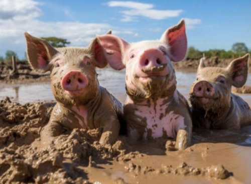 three pigs sitting in mud