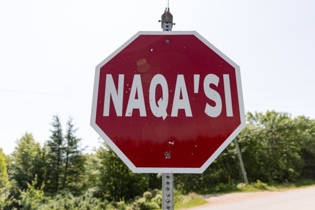 Canada stop sign in Mi'kmaq aboriginal language