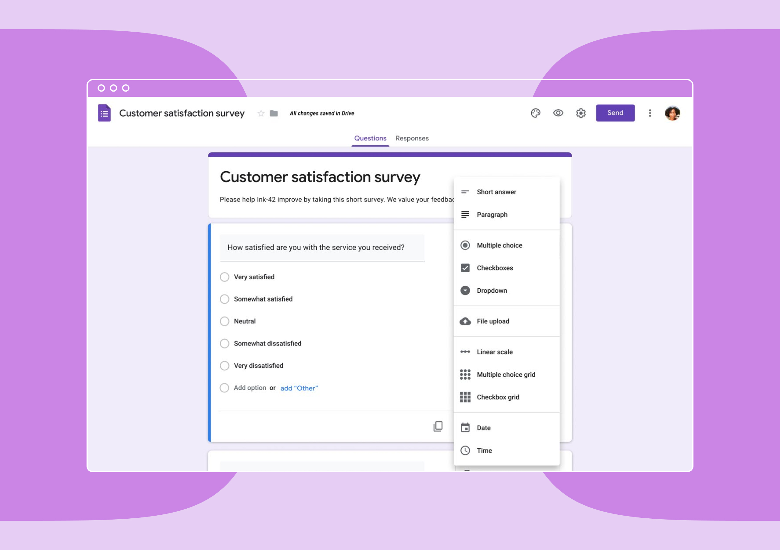 Example customer feedback question on Google Forms.