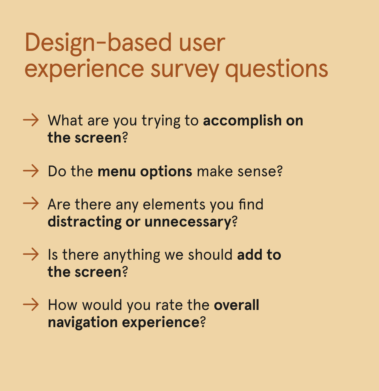 List of design-based user experience survey questions.