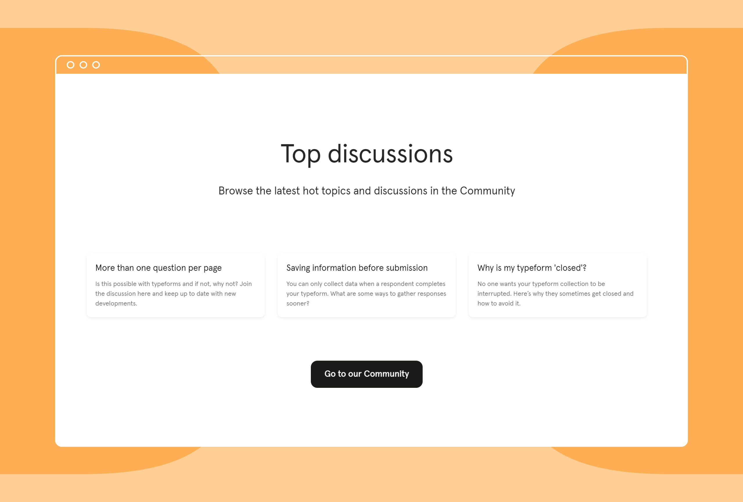 Image shows Typeform's help center discussions screen.