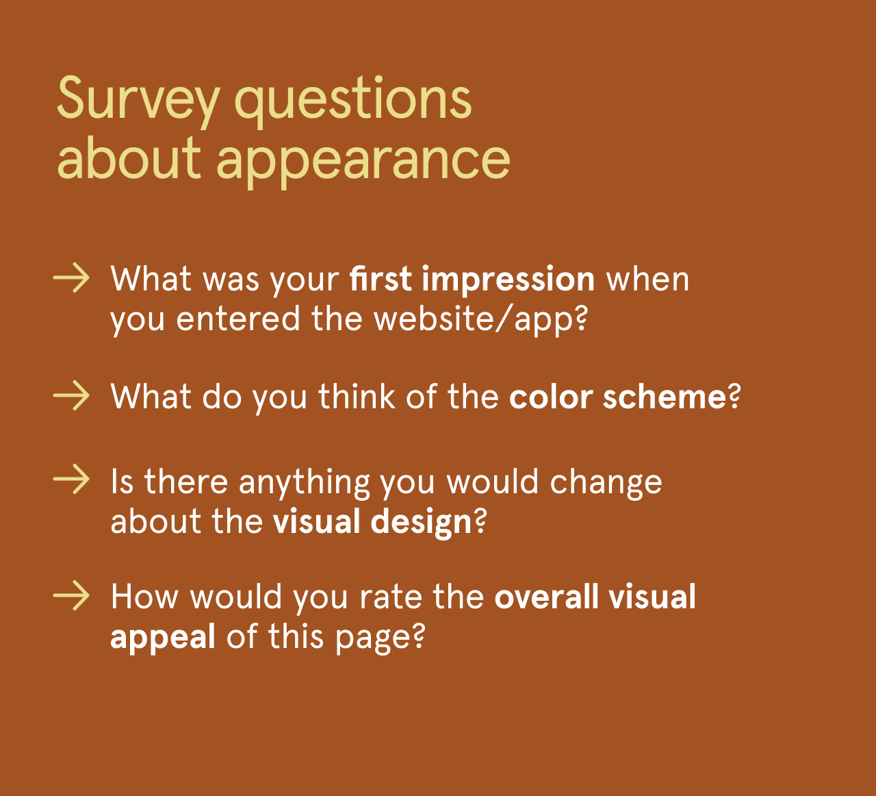 List of appearance-based user experience survey questions.