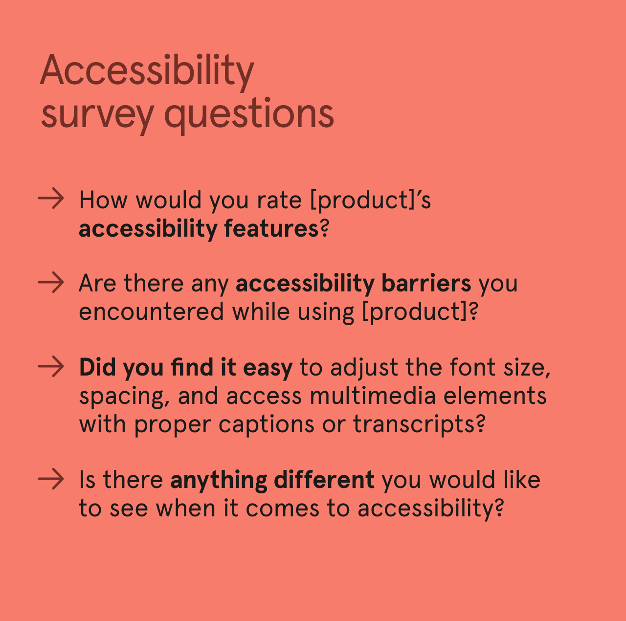 List of accessibility user experience survey questions.