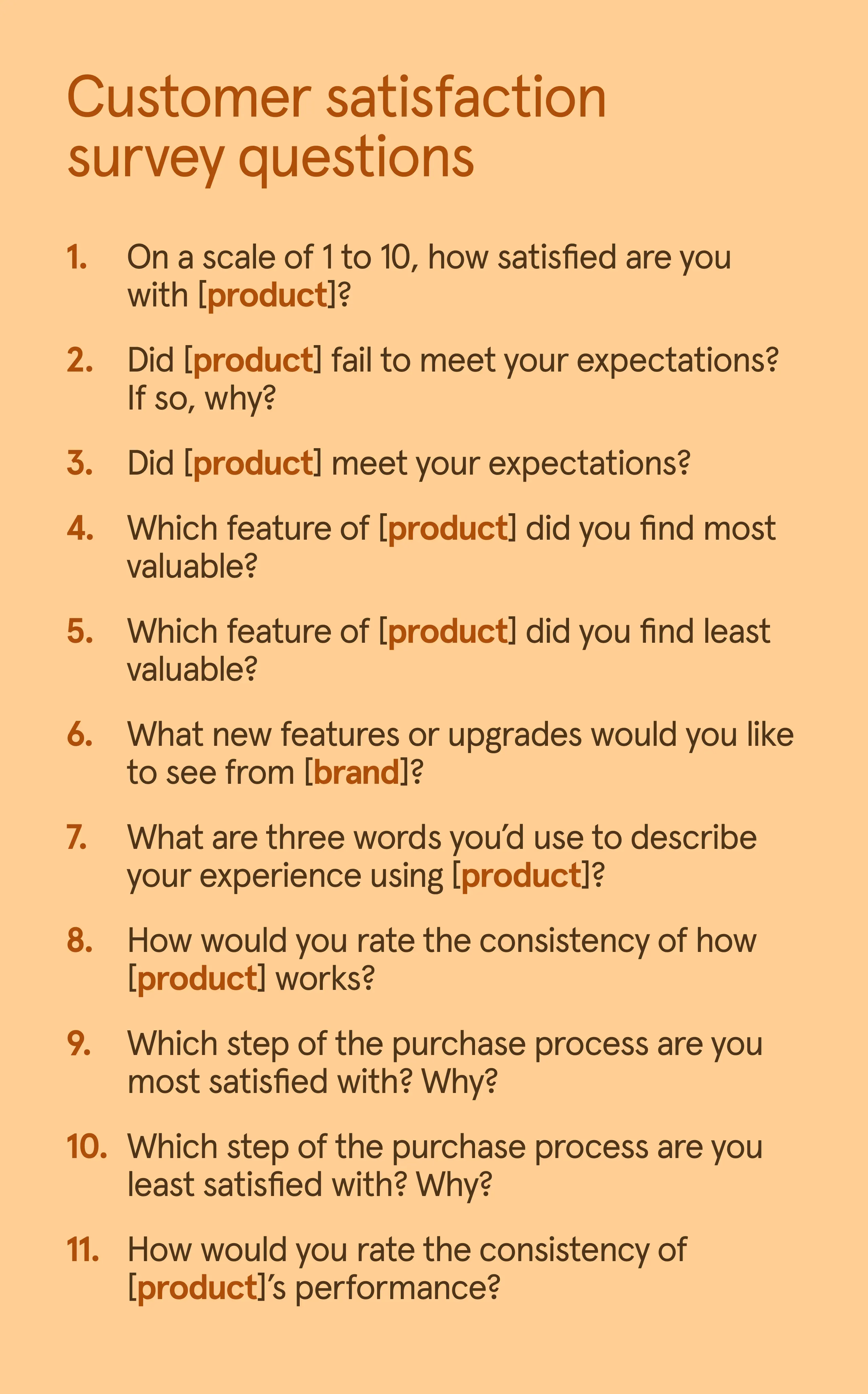 List of 11 customer satisfaction survey question examples.