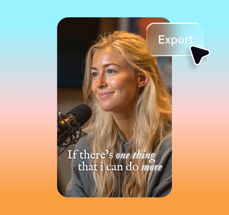 Blonde woman with blue eyes speaking into microphone during podcast recording with text overlay and export button
