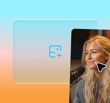 Woman with blonde hair smiling at camera with blue folder icon and gradient background overlay