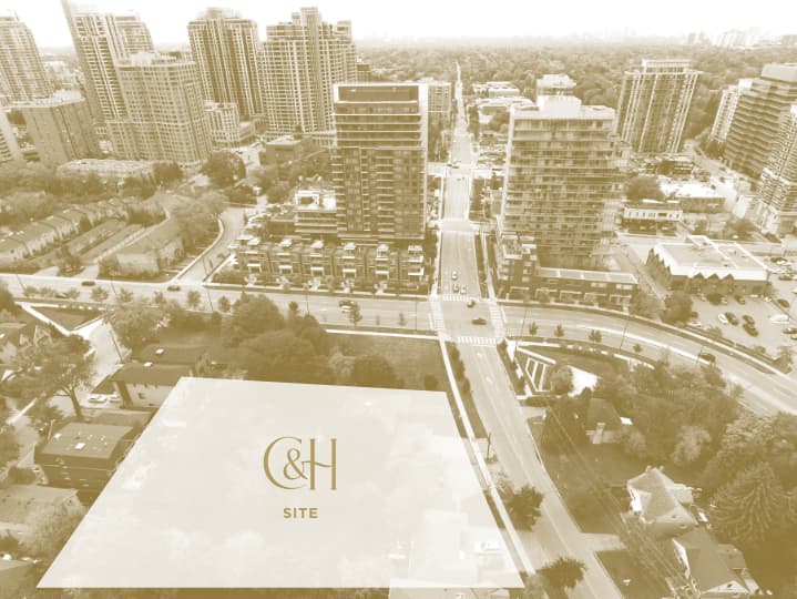 Drone shot showing the location of Croft & Hill townhomes
