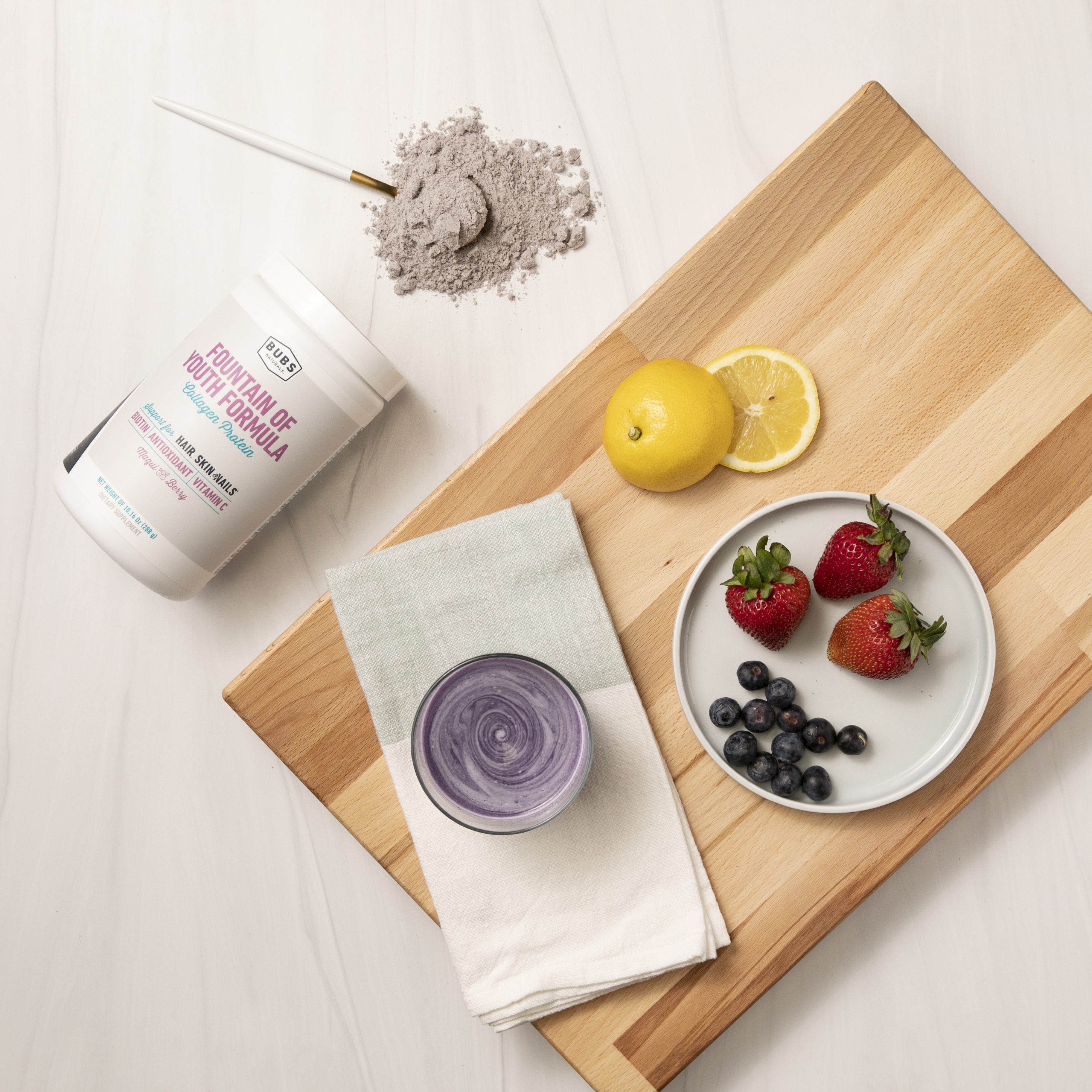 1 Scoop a day 9 Grams of Protein 1000 miligrams of Vitamin C 300 micrograms of Biotin