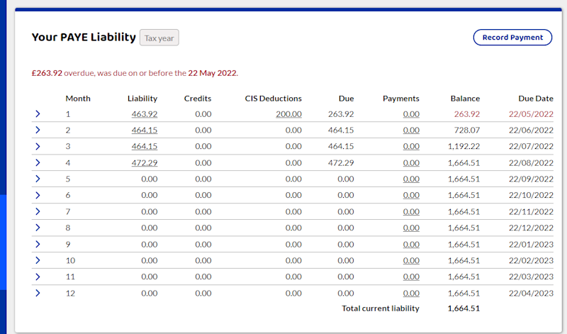 CIS deduction effect on the PAYE liability screen.