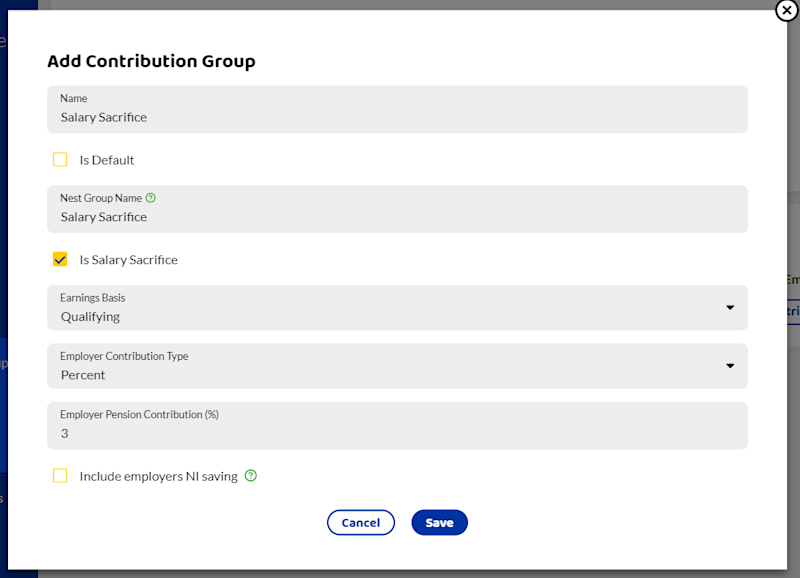 Add a Salary sacrifice contribution group