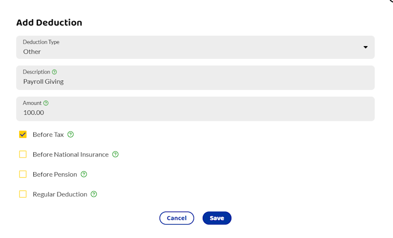 How to select the correct deductions for a payroll giving payment.