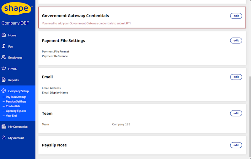 Showing the payment file section in company setup