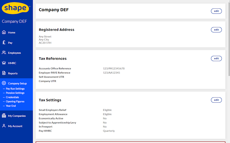 The Company Setup page
