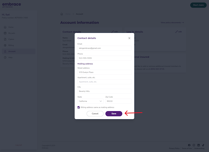 A screenshot from the Embrace portal showing the save button on the update contact page.