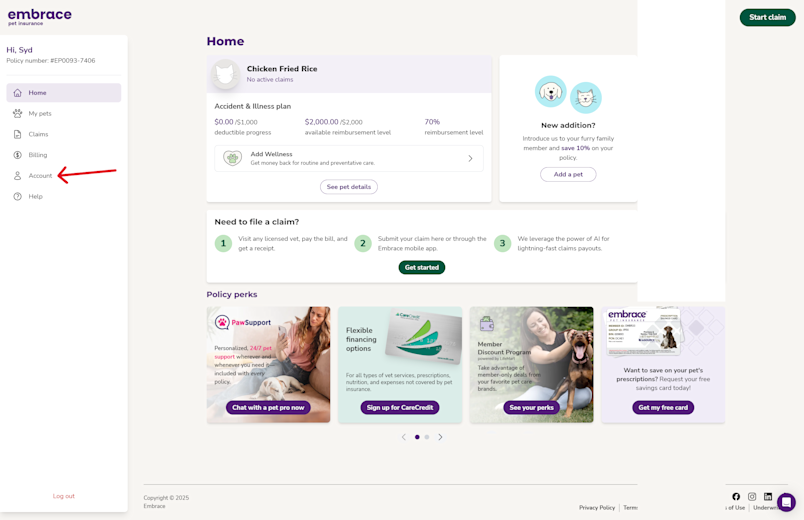 A screenshot from the Embrace portal showing the Account button