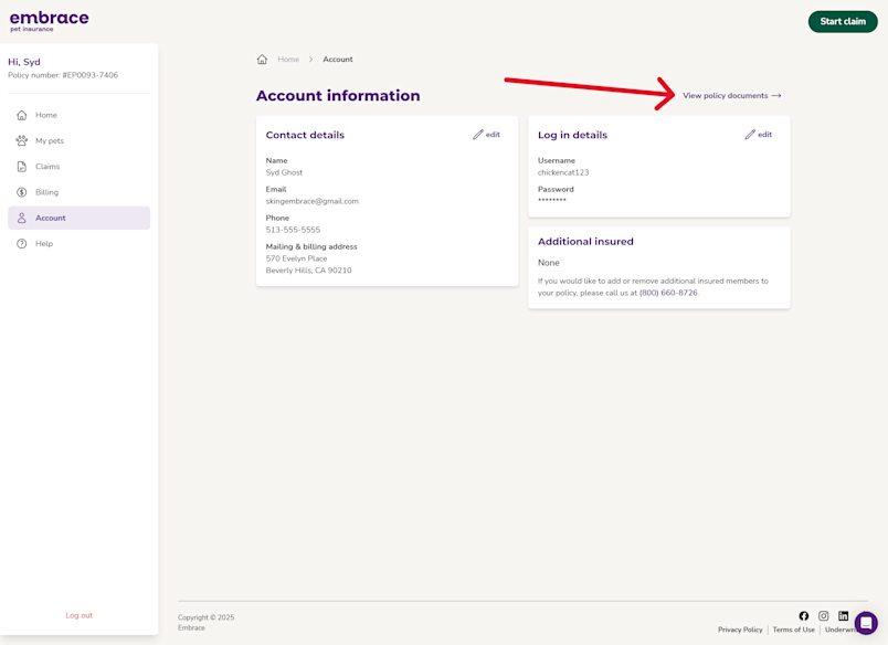 Screenshot from the Embrace portal showing the view policy documents button.