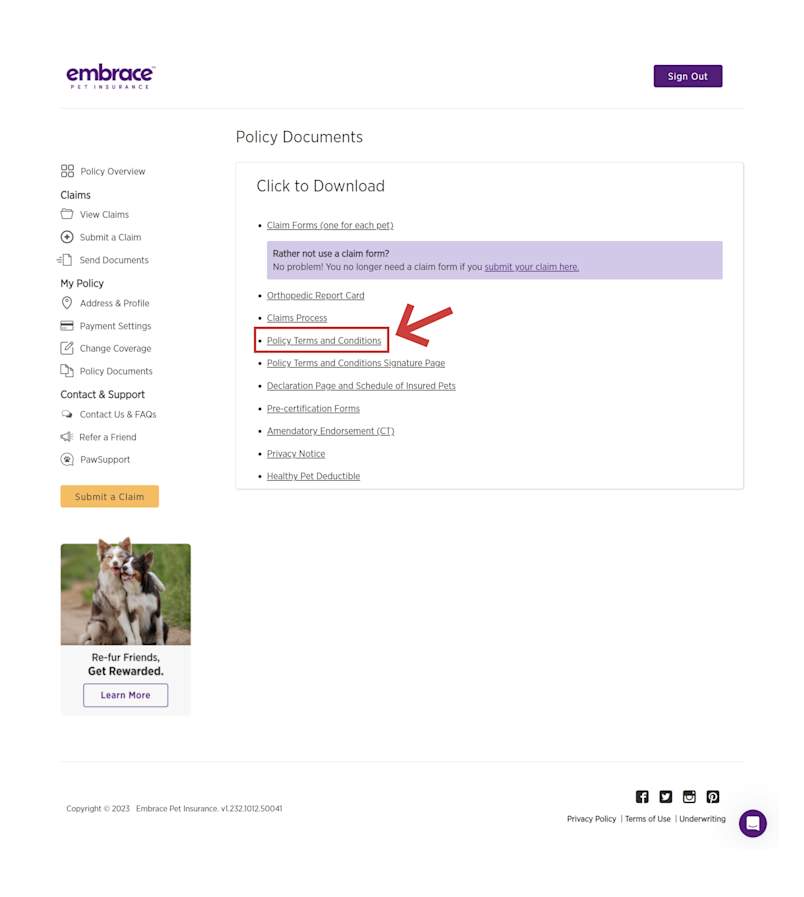 The Policy Terms and Conditions will then be found under the Policy Documents tab, clicked in Step 1.