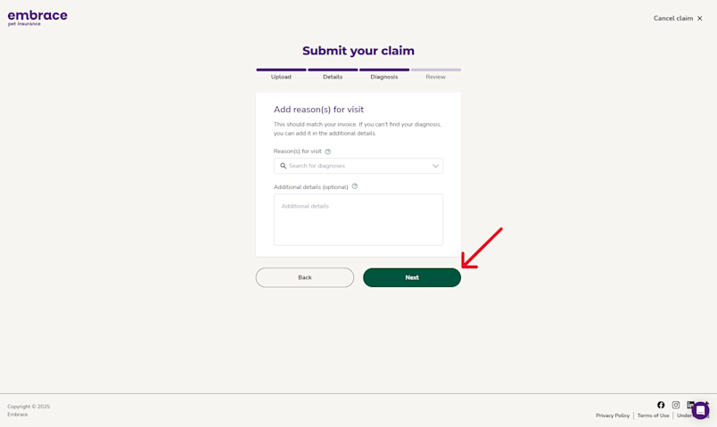 A screenshot from the Embrace portal showing where to add reasons for the visit.