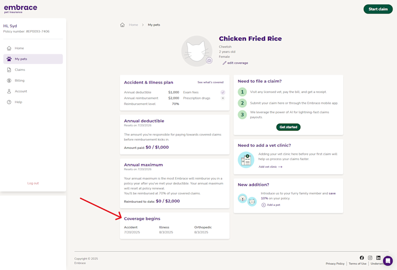 Screenshot from Embrace portal showing the coverage begins dates