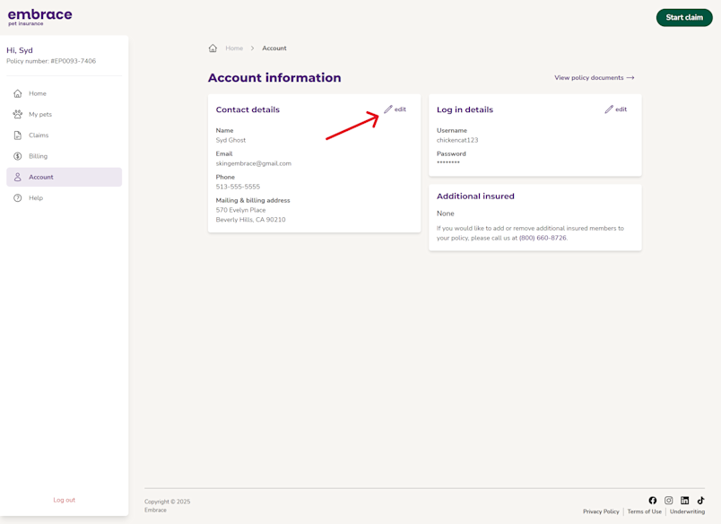 A screenshot from the Embrace portal showing the Edit button to update your address.