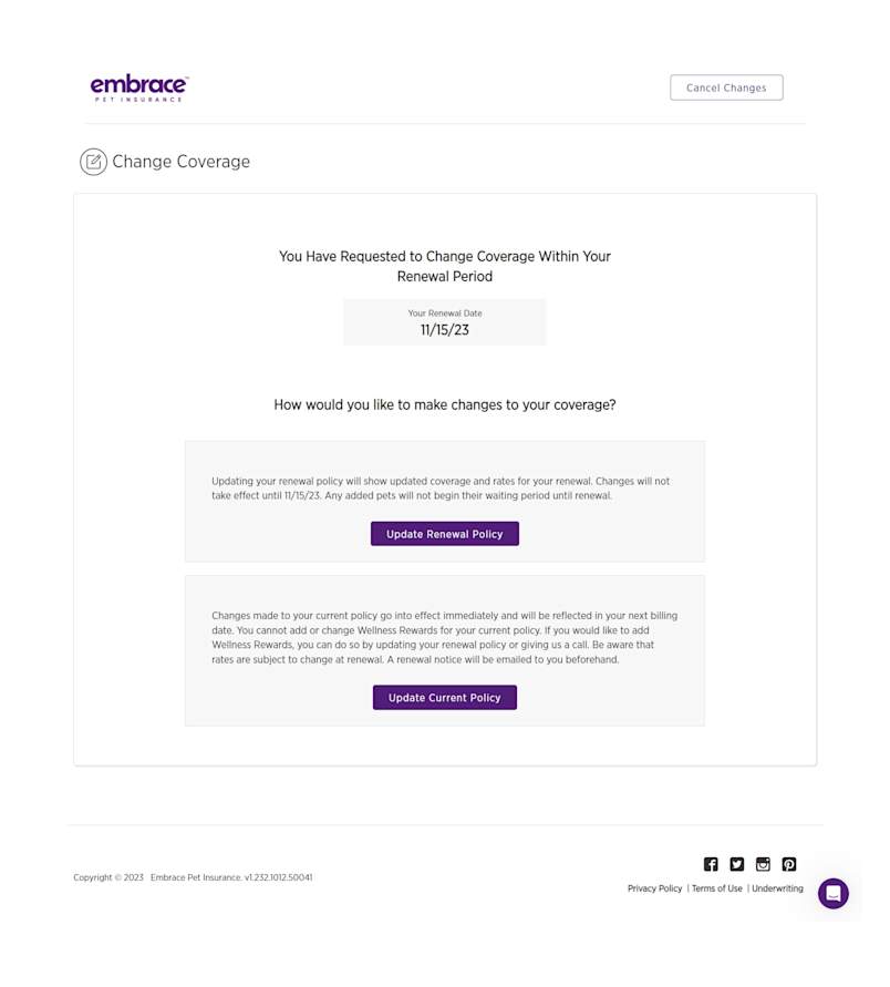 Select Update Renewal Policy or Update Current Policy depending on what you need.