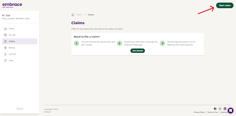 Screenshot from the Embrace portal showing the Start claim button.